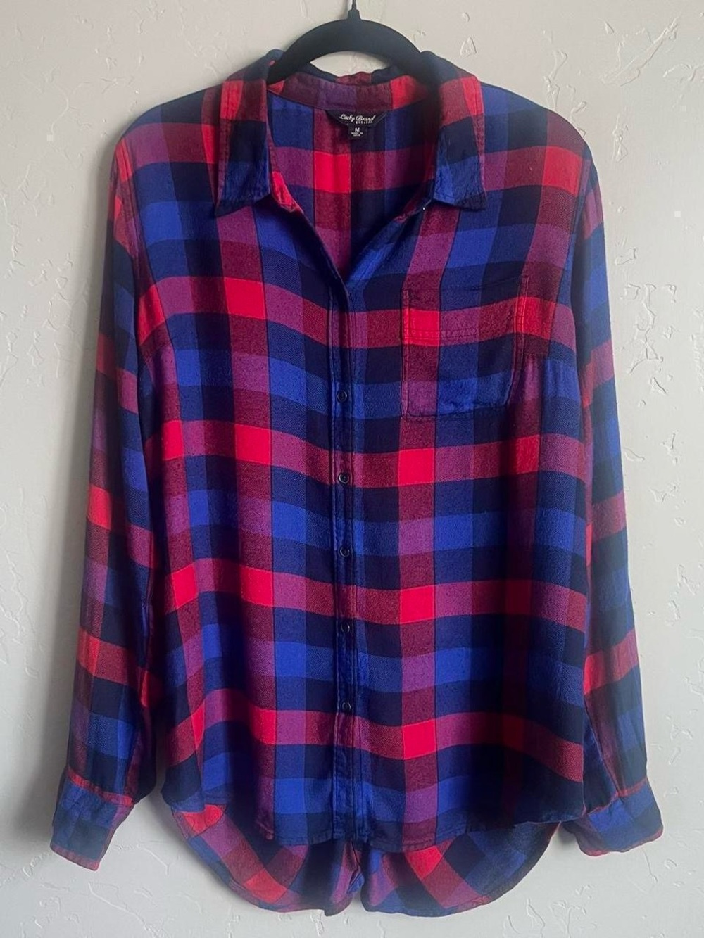 Pretty blue, red, & purple plaid Lucky Brand drapey flannel button up
